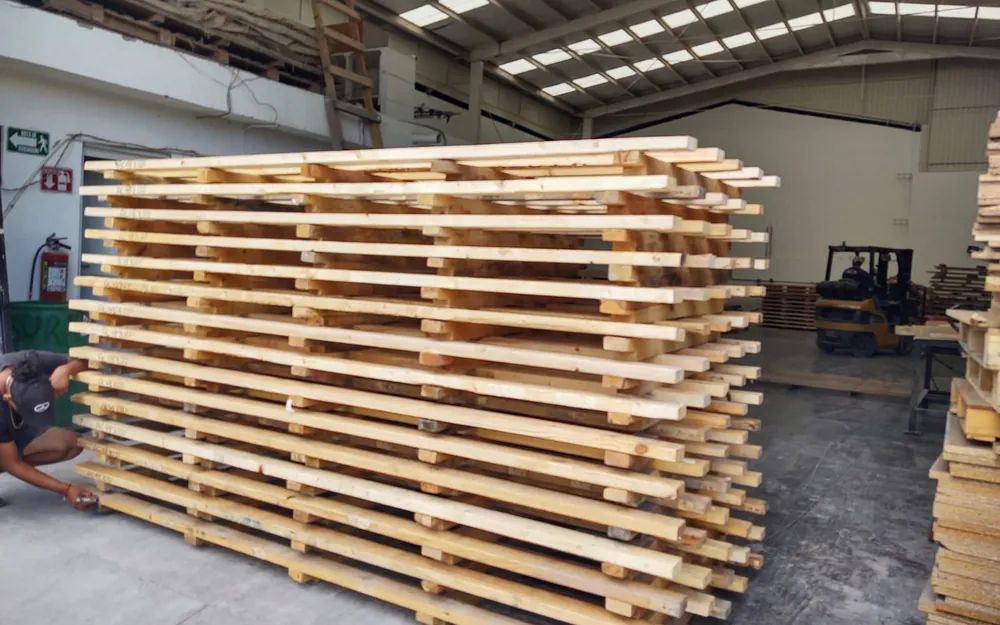 Tarimas largas de madera en la planta de DM Tarimas en Escobedo